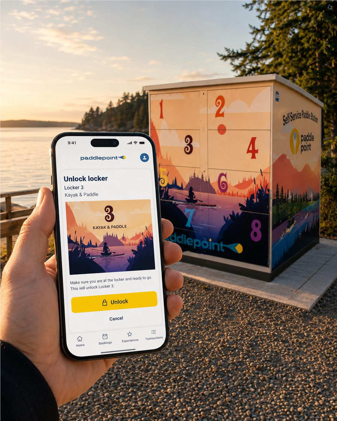 Paddler using a PaddlePoint location to pick up equipment
