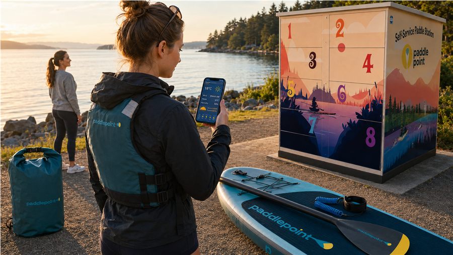 Paddler checking weather beside the PaddlePoint station before leaving