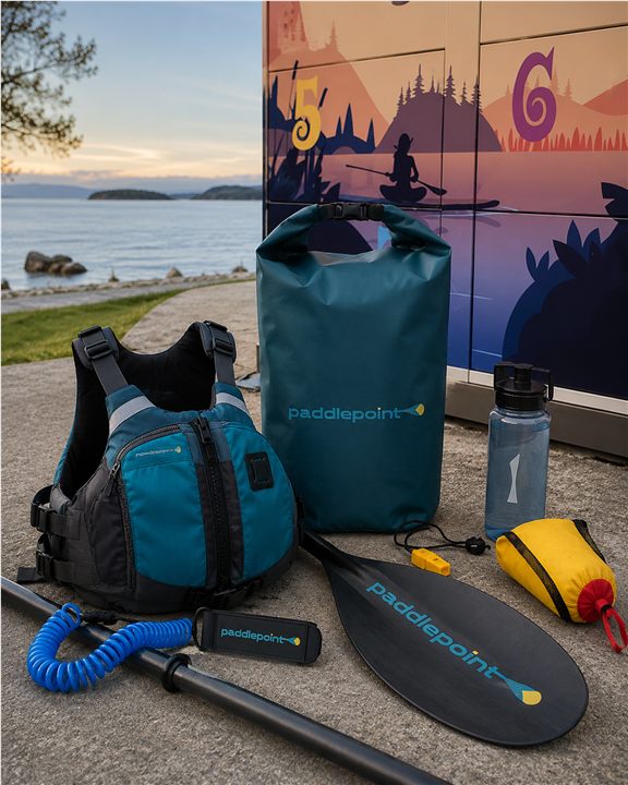 PaddlePoint rental gear arranged beside the locker station