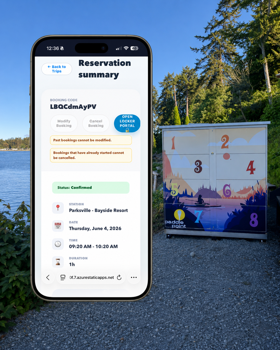 PaddlePoint booking screen beside the station