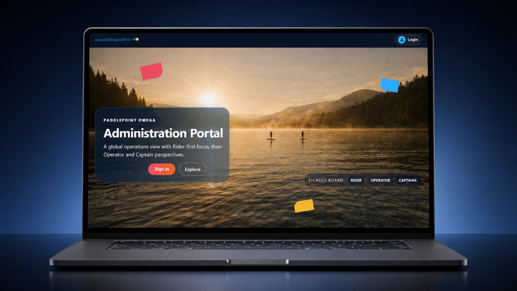 PaddlePoint administration portal shown on a laptop with network governance context