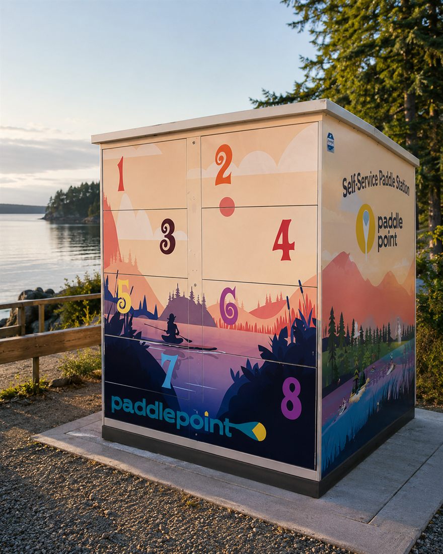 PaddlePoint branded self-service station beside calm water
