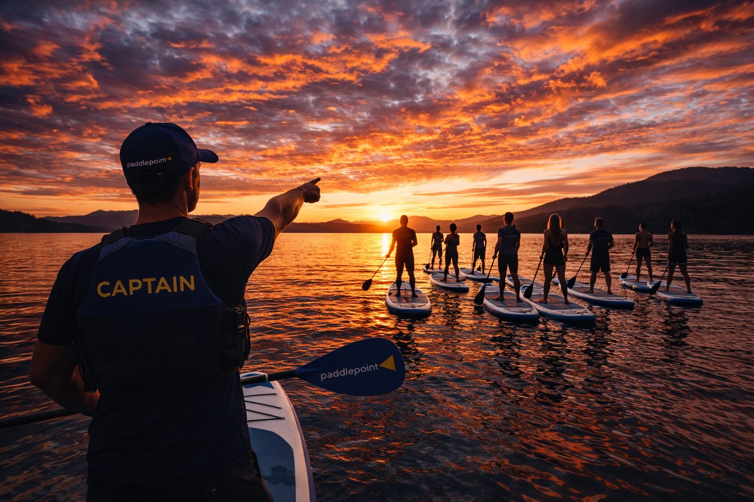 Captain guiding a paddleboard group at sunset