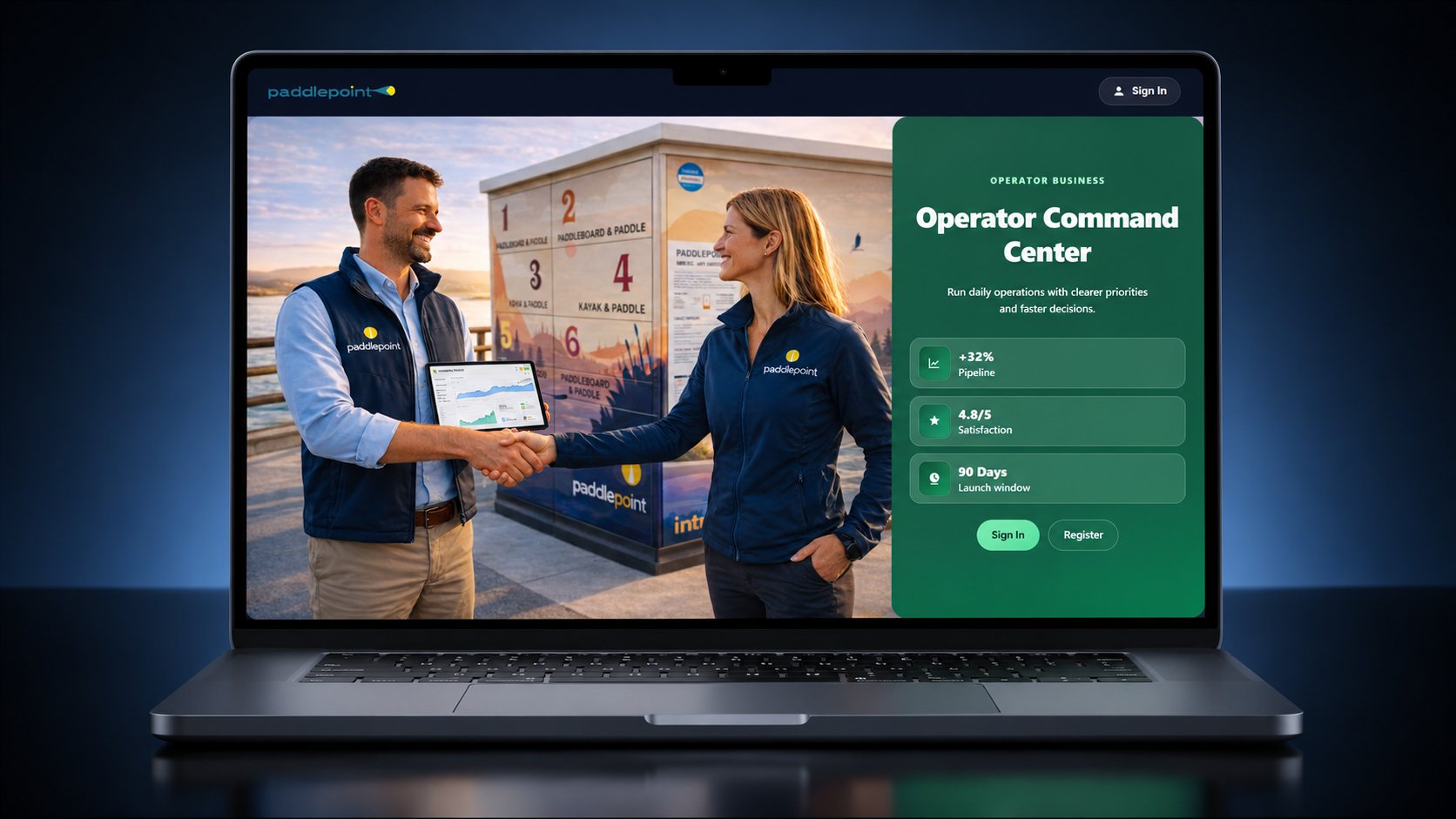 PaddlePoint Operator command center shown on a laptop with station business context