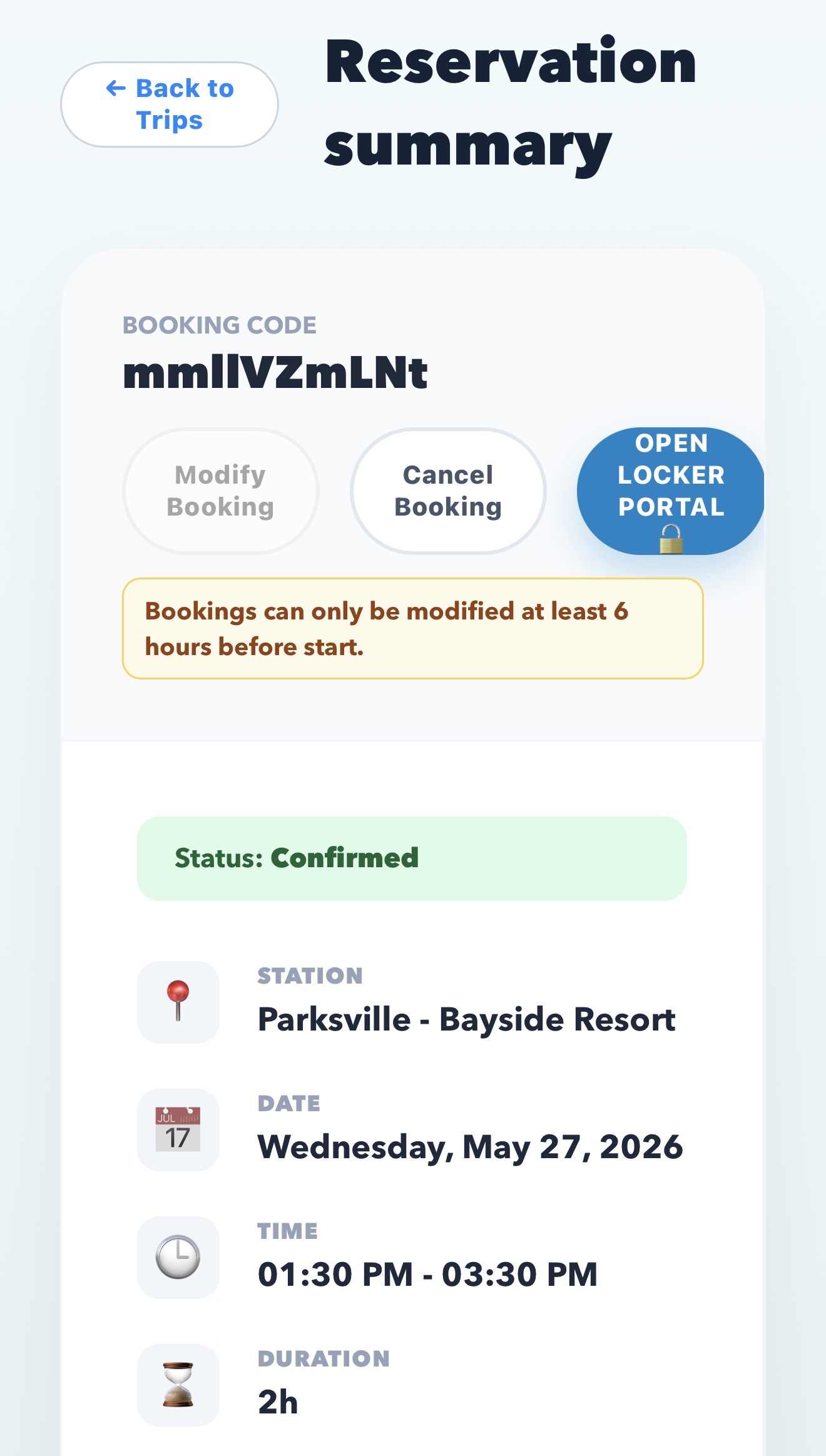 Paddler booking reservation summary screen