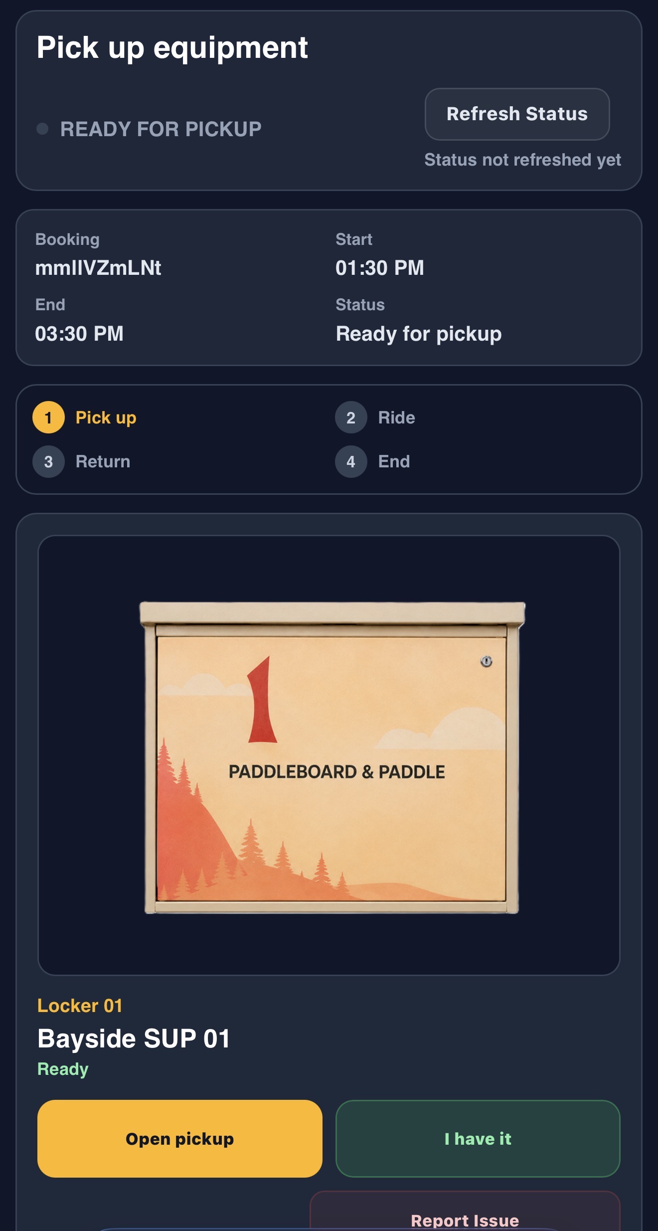 Paddler booking pickup screen