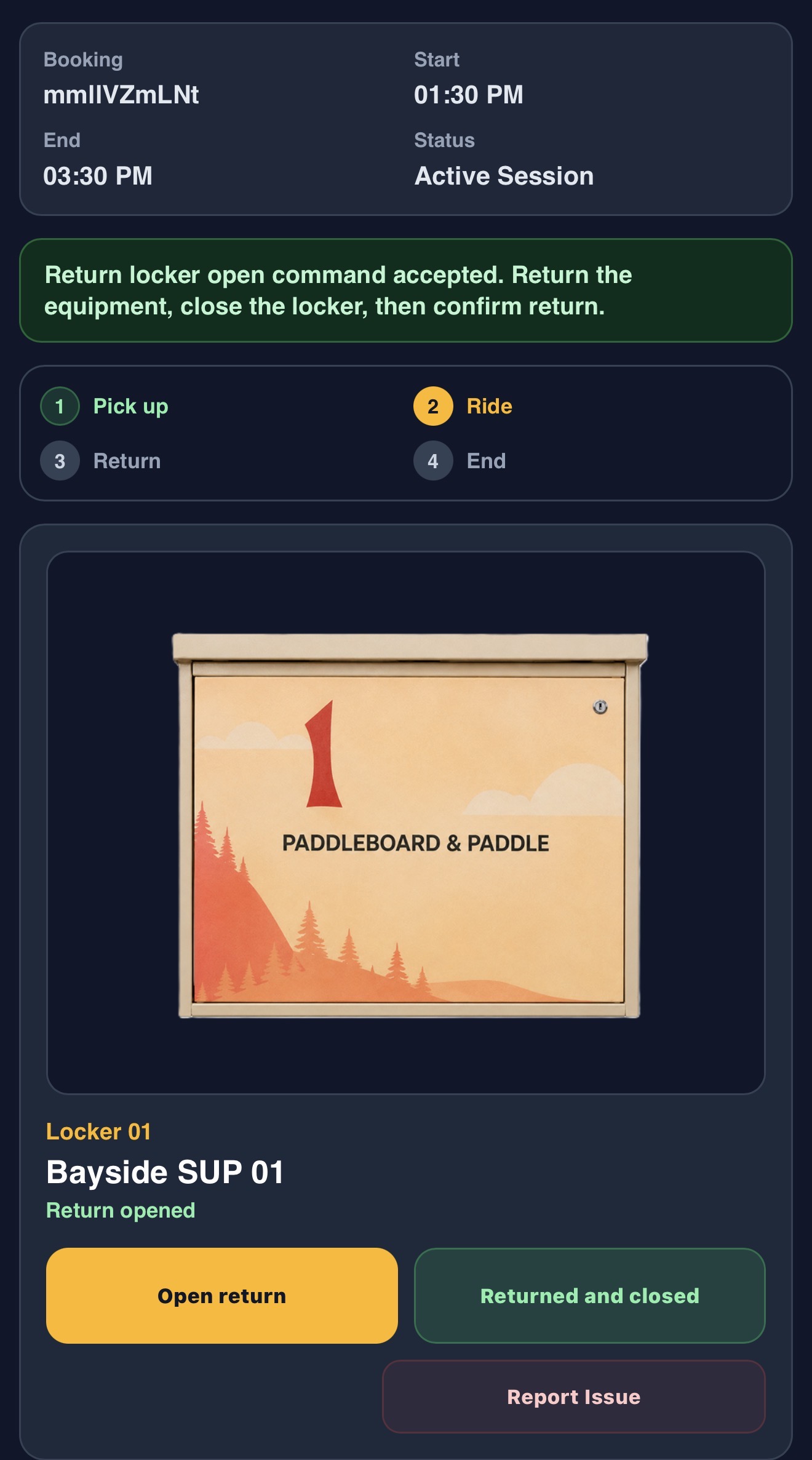 Paddler booking return screen