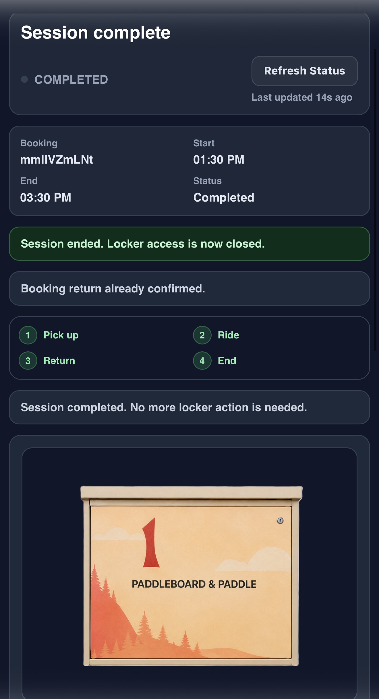 Paddler booking session complete screen