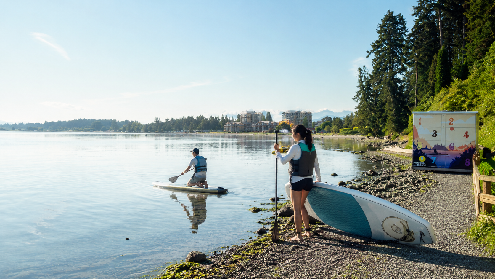 Paddlers on the water near a PaddlePoint station